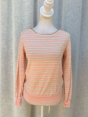 Vintage Pink white gold horizontal stripe long sleeve top sweater